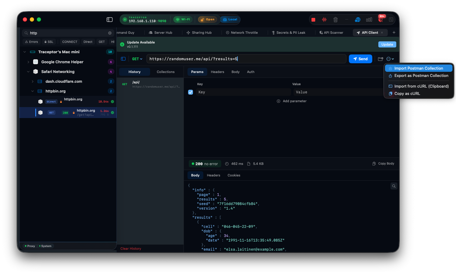 API Client showing a POST request to /api/auth with a JSON body and a 200 OK response with syntax-highlighted JSON body