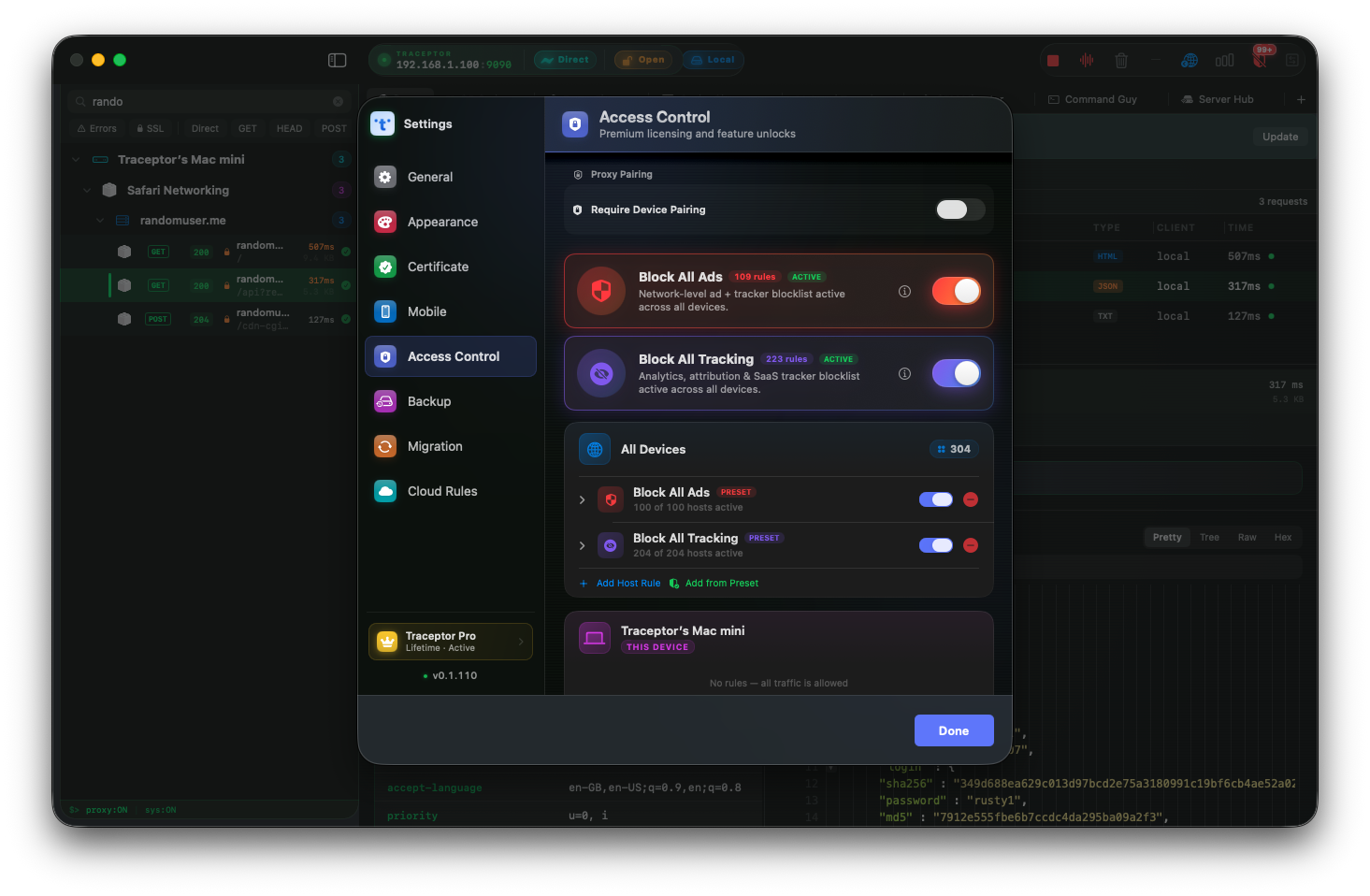 Traceptor Access Control view with Block All Tracking master toggle enabled, showing 847 active rules and a collapsed preset folder for Mobile Attribution