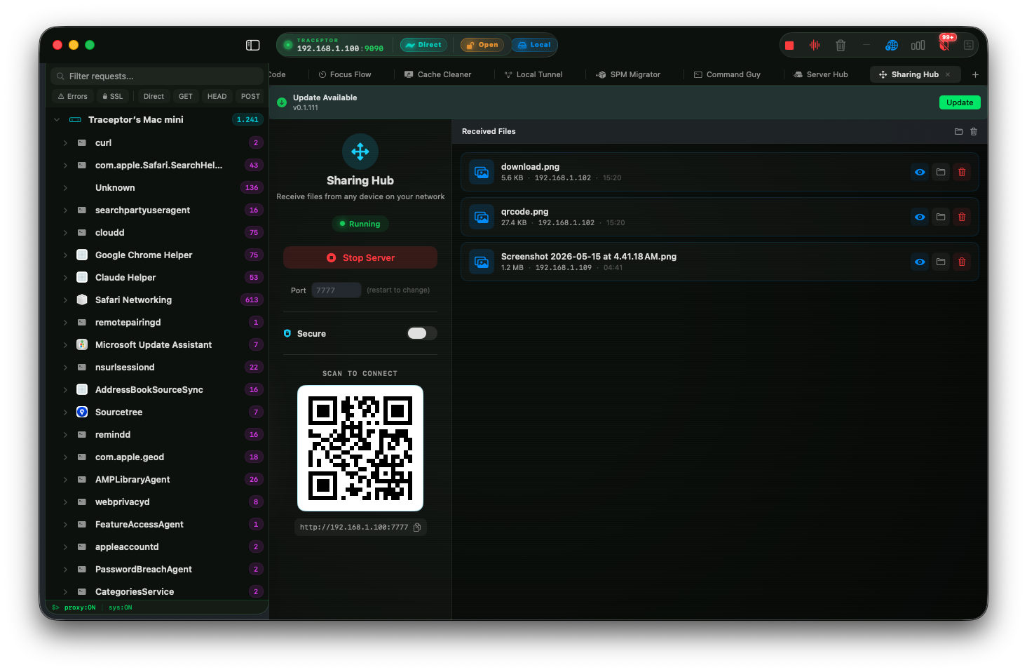The Sharing Hub workspace tab in Traceptor receiving an uploaded HAR file from an iPhone, with the file showing an orange HAR category badge