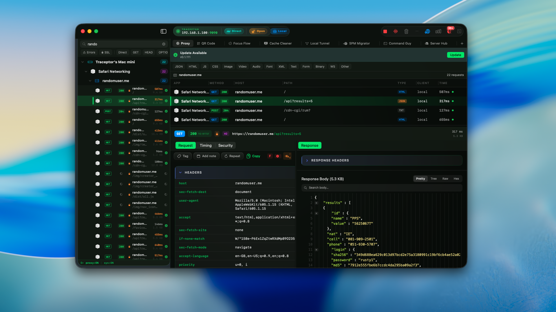 The Traceptor app showing a live request capture with the proxy list on the left and the inspector pane on the right