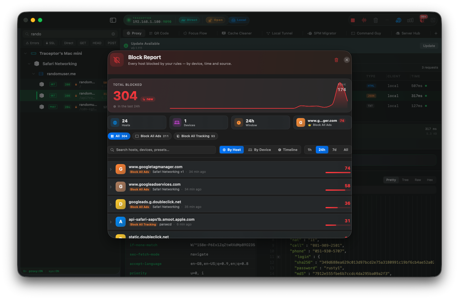 Traceptor proxy list filtered to show tracking requests: api.mixpanel.com, mobile.launchdarkly.com, e.clarity.ms, and others visible in the host column